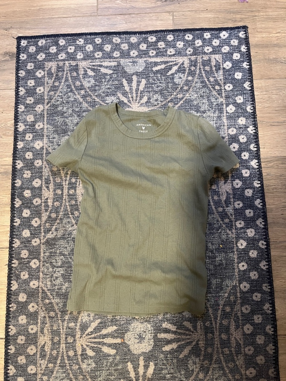 American Eagle Outfitters Olive Pointelle Short Sleeve Tee